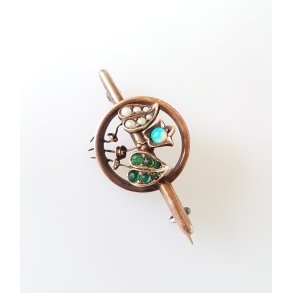 Vintage broche i forgyldt messing med perler, opal og grnne krystaller