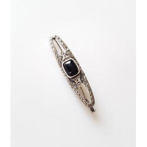 Fransk Vintage broche i slv prydet med onyx og markasitter