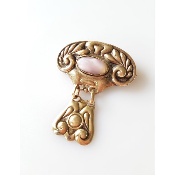 Art Nouveau broche udfrt i messing med rosakvarts