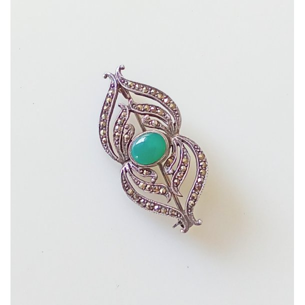 Art Deco slv broche med jade 