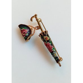 Vintage broche udformet som paraply med lille taske